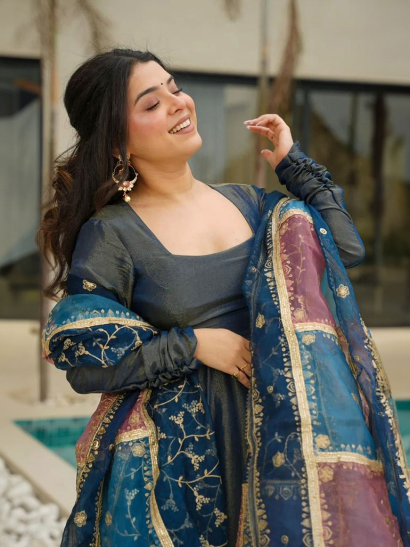 Authentic Festive Steel Blue Roman Shimmer Silk Anarkali Suit