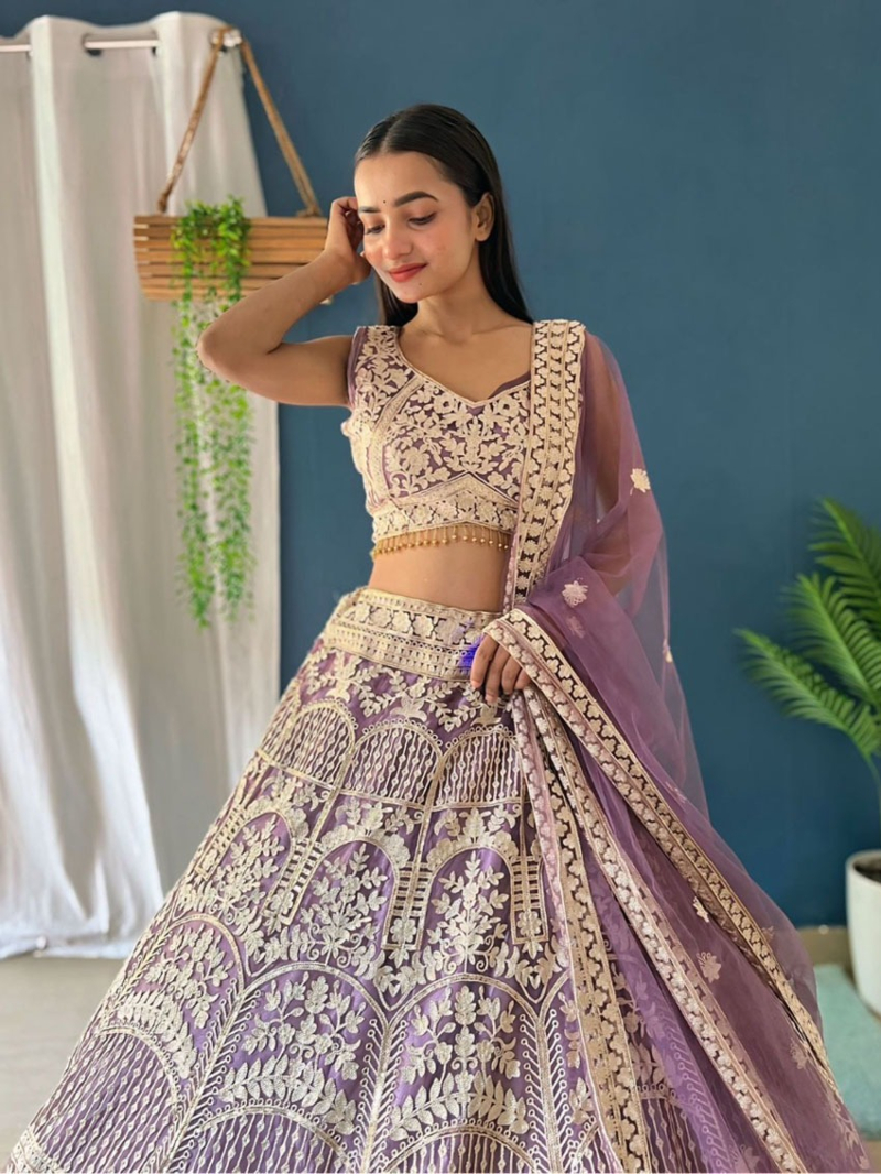 Authentic Elegant Purple Embroidered Net Lehanga Suit