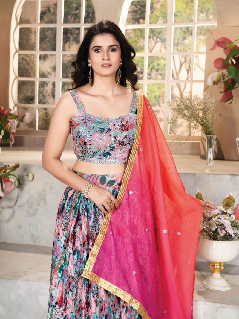 Multi Colour Organza Fancy and Print Work Lehenga Choli