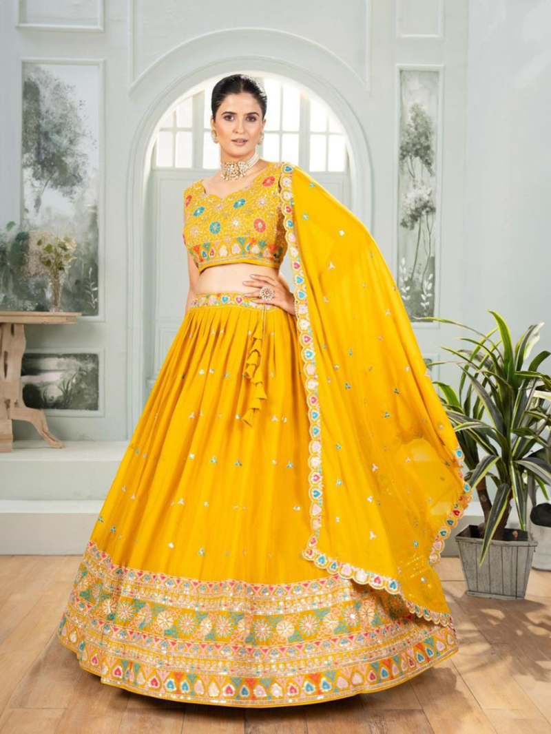 Elegant Mustard Embroidered Star Georgette Lehanga Suit