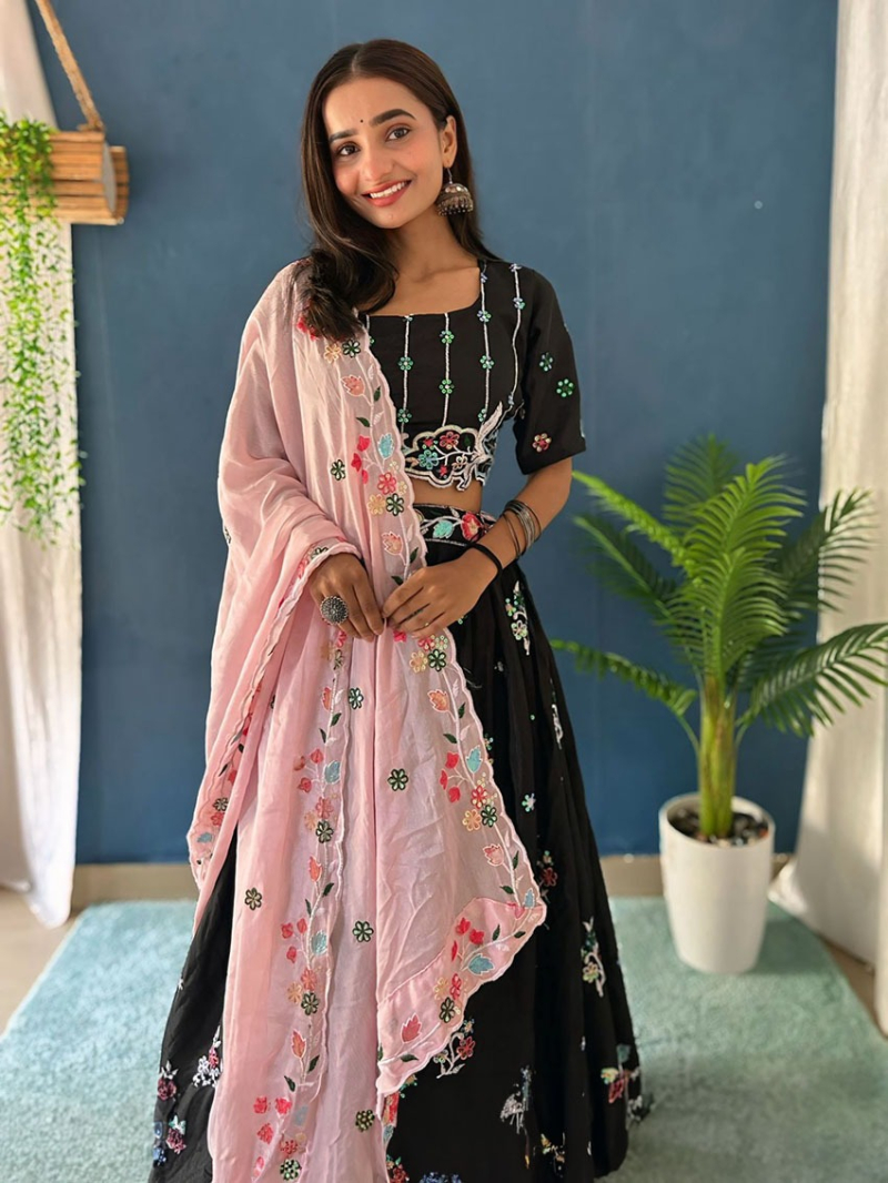 Black Chinnon Silk Embroidered Black  Lehanga Suit