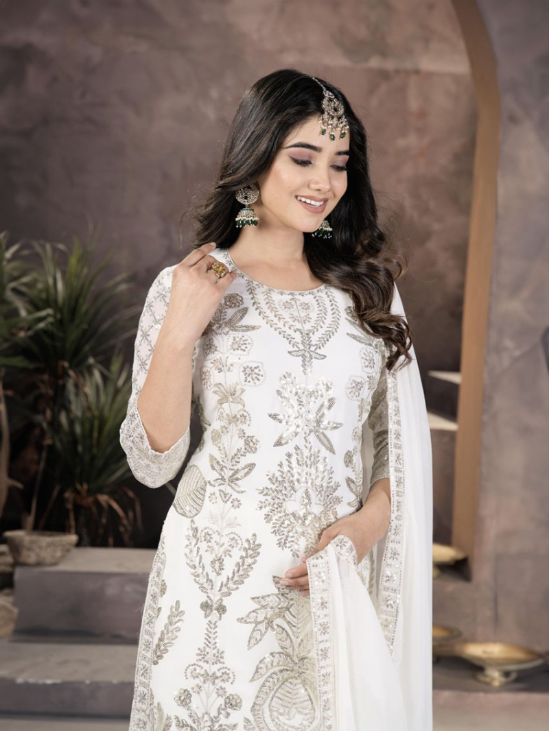 Elegant Ethnic Festive White Kurta Pant Straight Suit