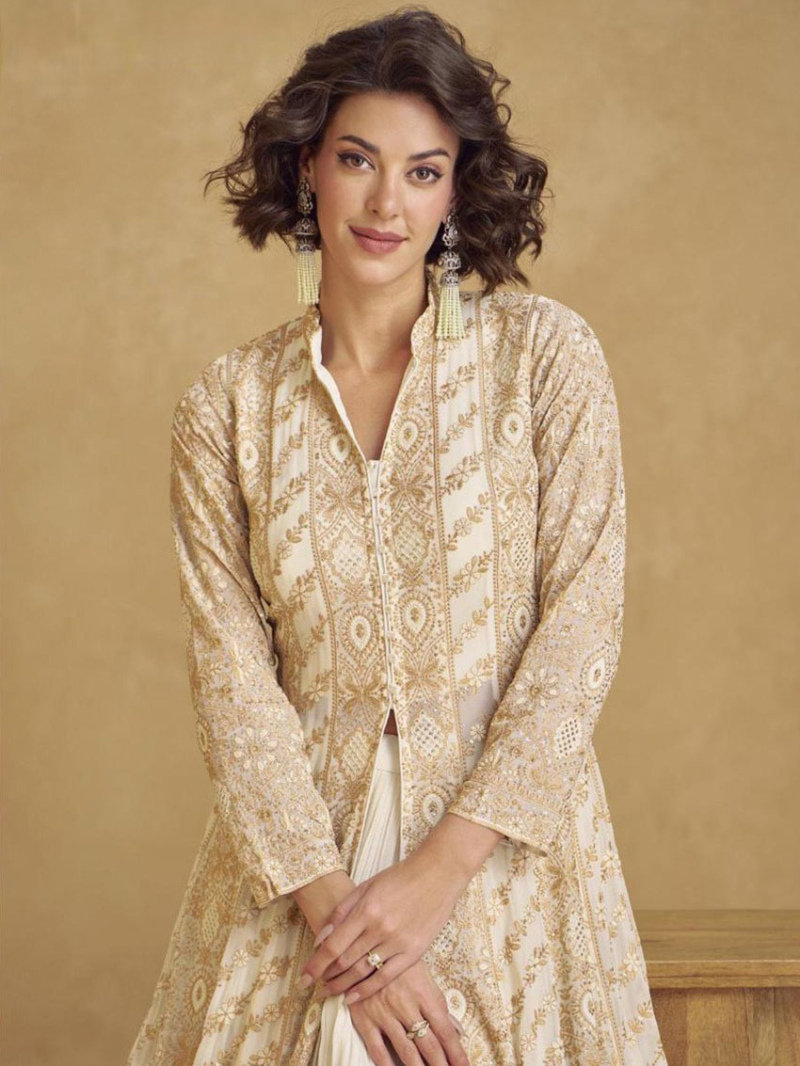 Elegant Ethnic Festive Beige Georgette Embroidered Anarkali Suit