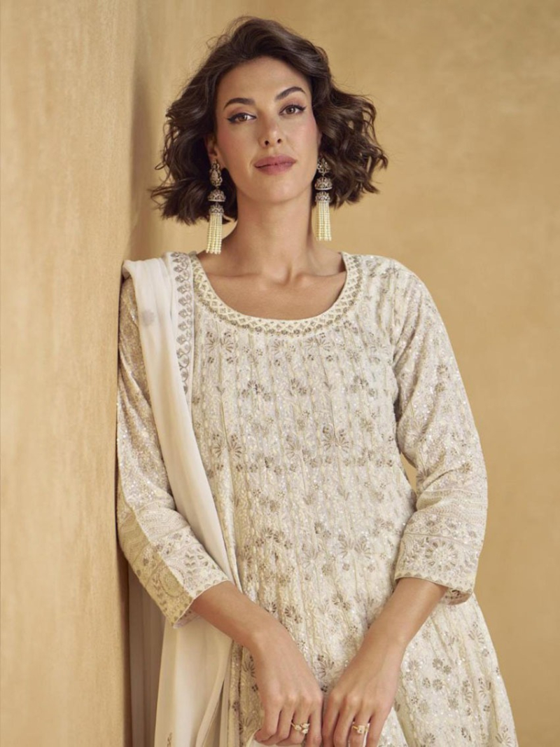 Traditional Ethnic Elegant Ivory Embroidered  Kurta with Plazo Suit