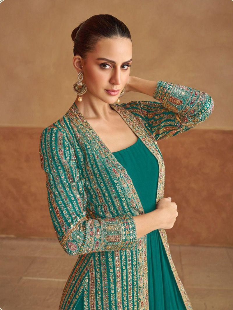 Authentic Elegant Peacock Green  Embroidered Georgette Jacket Anarkali Suit
