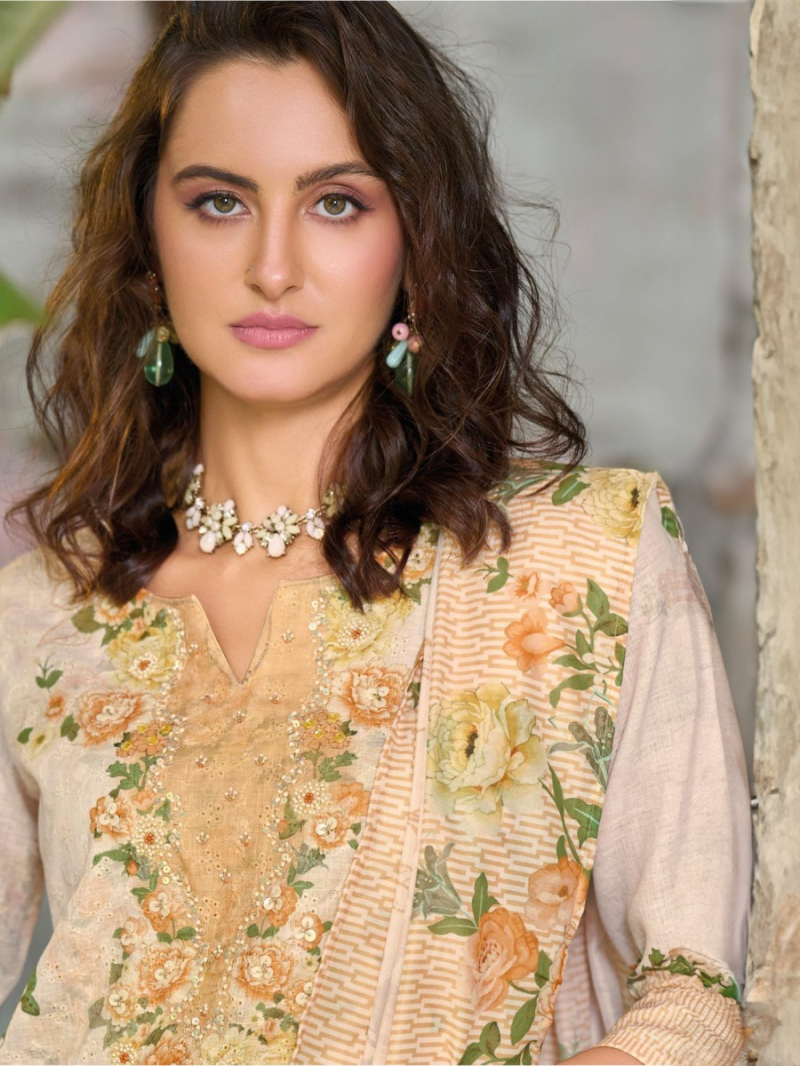 Ethnic Casual Beige Schiffli Embroidered Linen Straight Suit