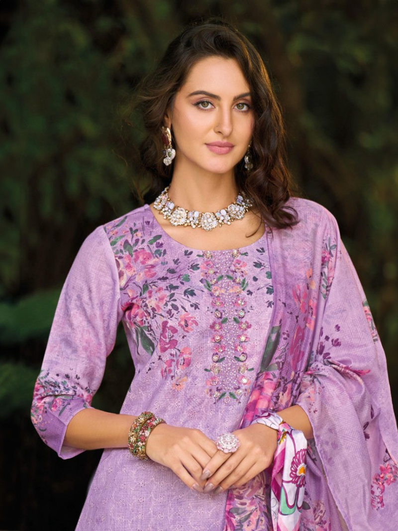 Elegant Ethnic Lilac Schiffli Embroidered Linen Straight Suit