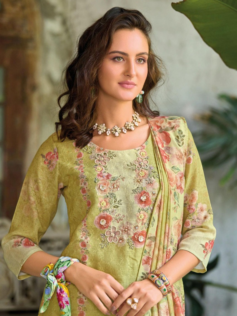 Traditional Casual Olive Green Schiffli Embroidered Linen Straight Suit