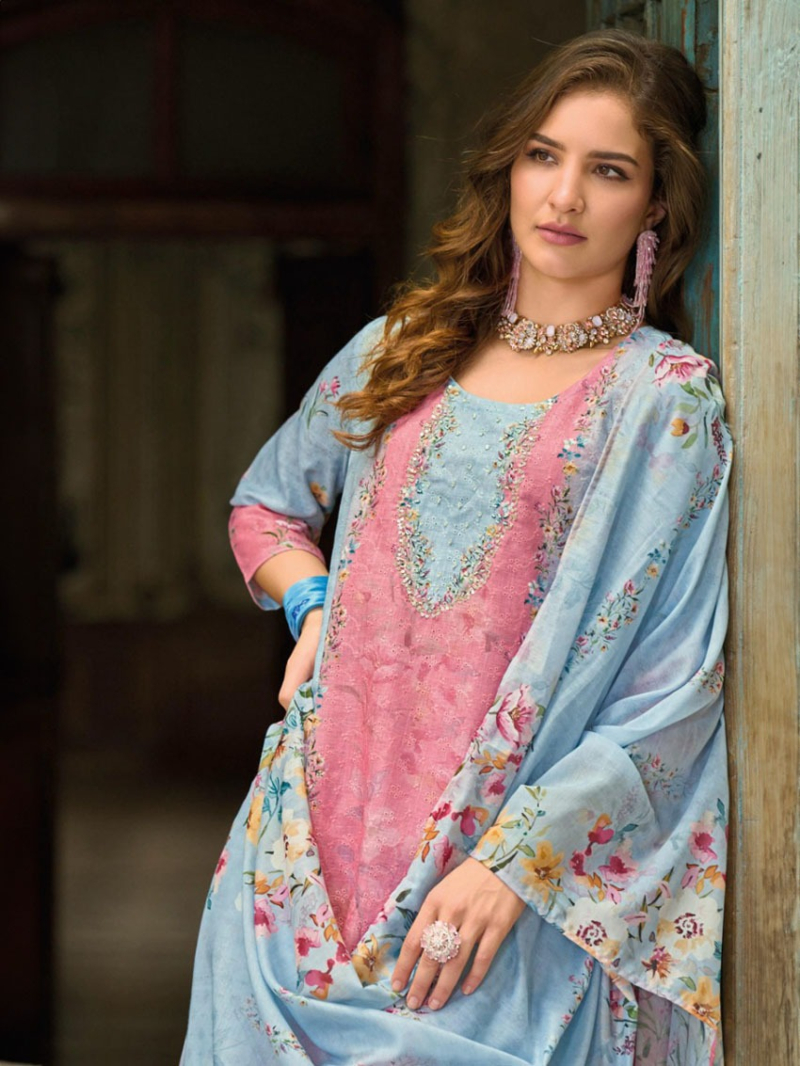 Elegant Casual Pastel Blue & Pink Schiffli Embroidered Linen Straight Suit
