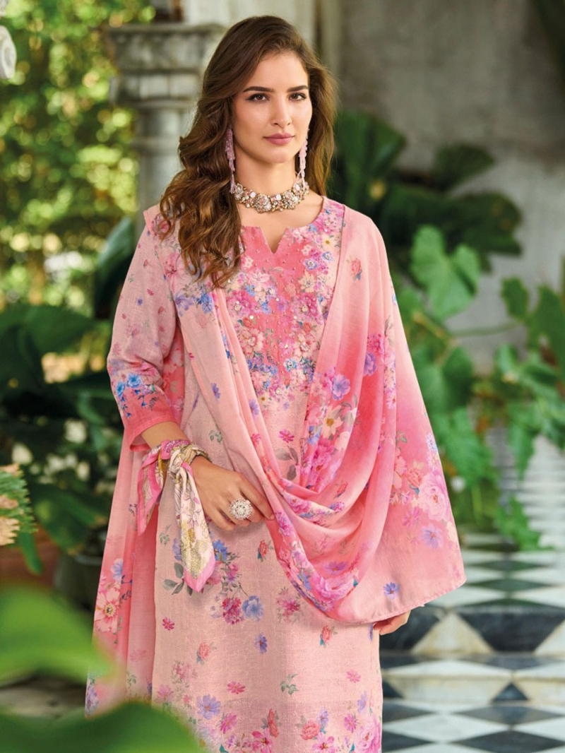 Traditional Festive Casual Light Pink Schiffli Embroidered Linen Straight Suit