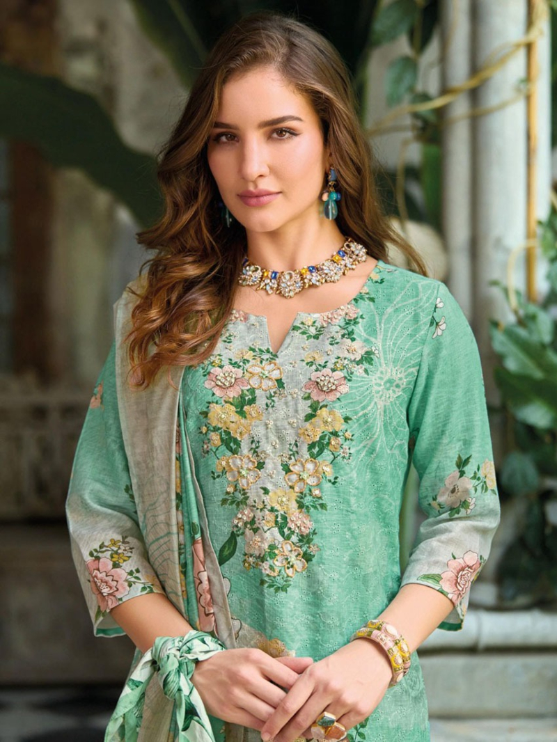 Traditional Casual Elegant Sage Green Schiffli Embroidered Linen Straight Suit