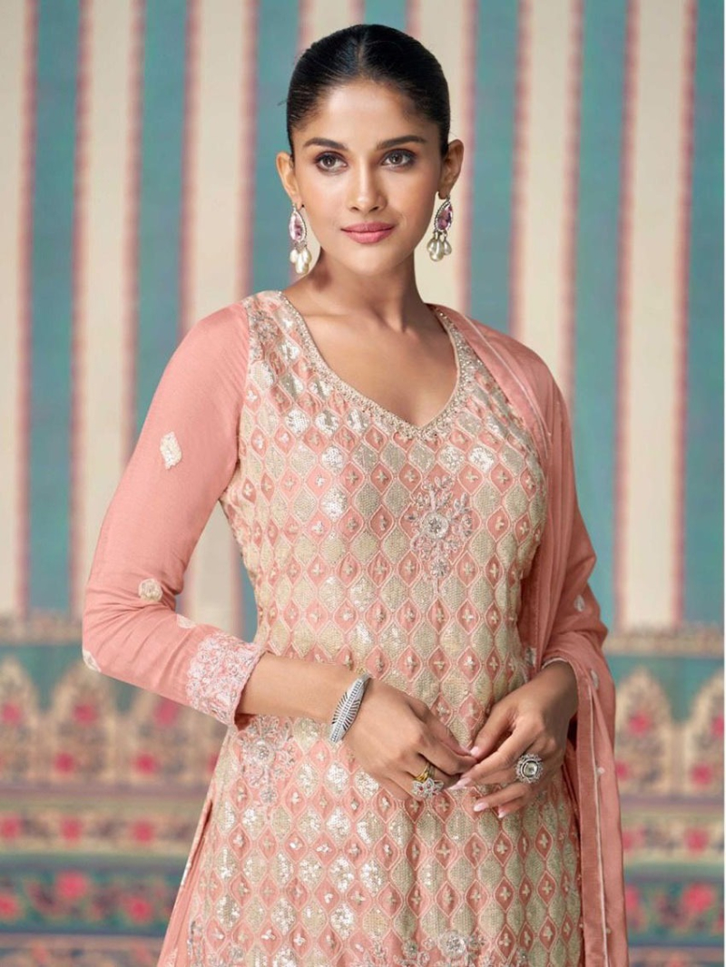 Traditional Festive Ethnic Peach Chinnon Silk Sharara Suit