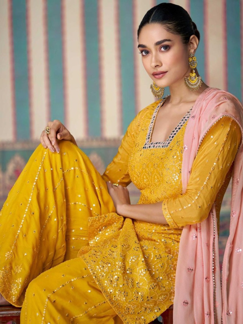 Traditional Elegant Festive yellow Chinnon Silk Sharara Suit