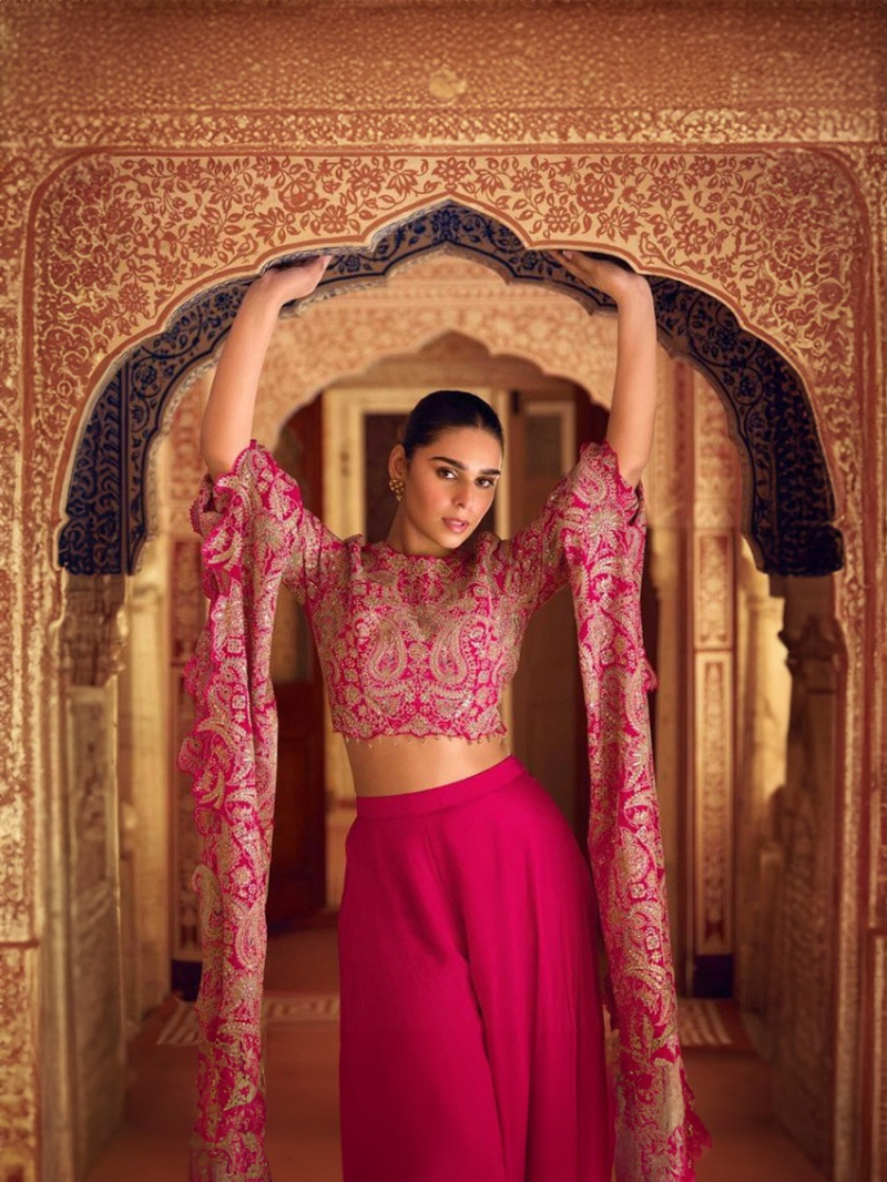 Ethnic Traditional Festive Rani Pink Chinon Silk Plazo Suit