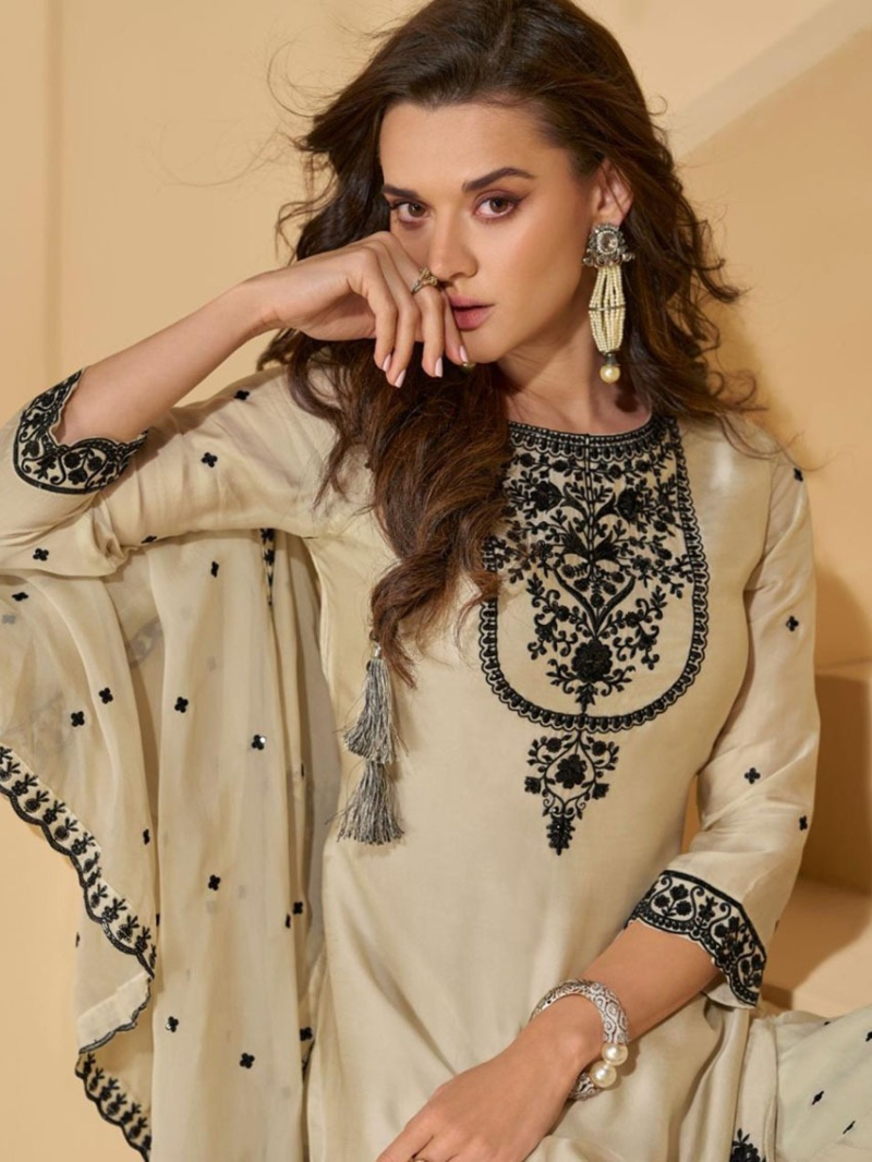 Traditional Festive Beige Chinnon Silk Heavy Embroidered Plazo Suit