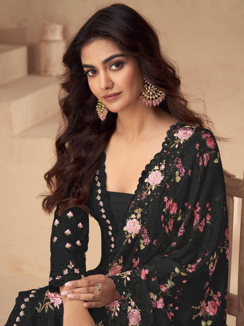Authentic Elegant Festive Black Chinnon Silk Plazo Suit