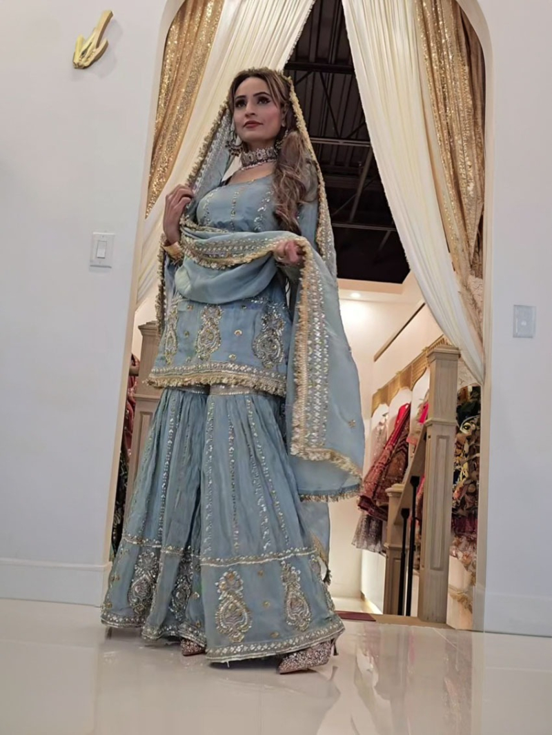 Authentic Elegant Festive Grey Chinnon Silk Sharara Suit