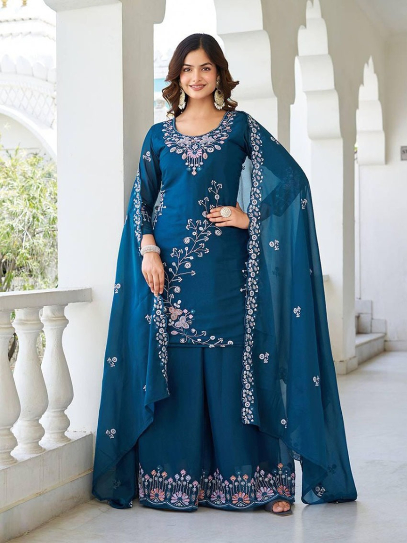 Authentic Traditional Festive Teal Blue Georgette Kurti with Plazo Suit