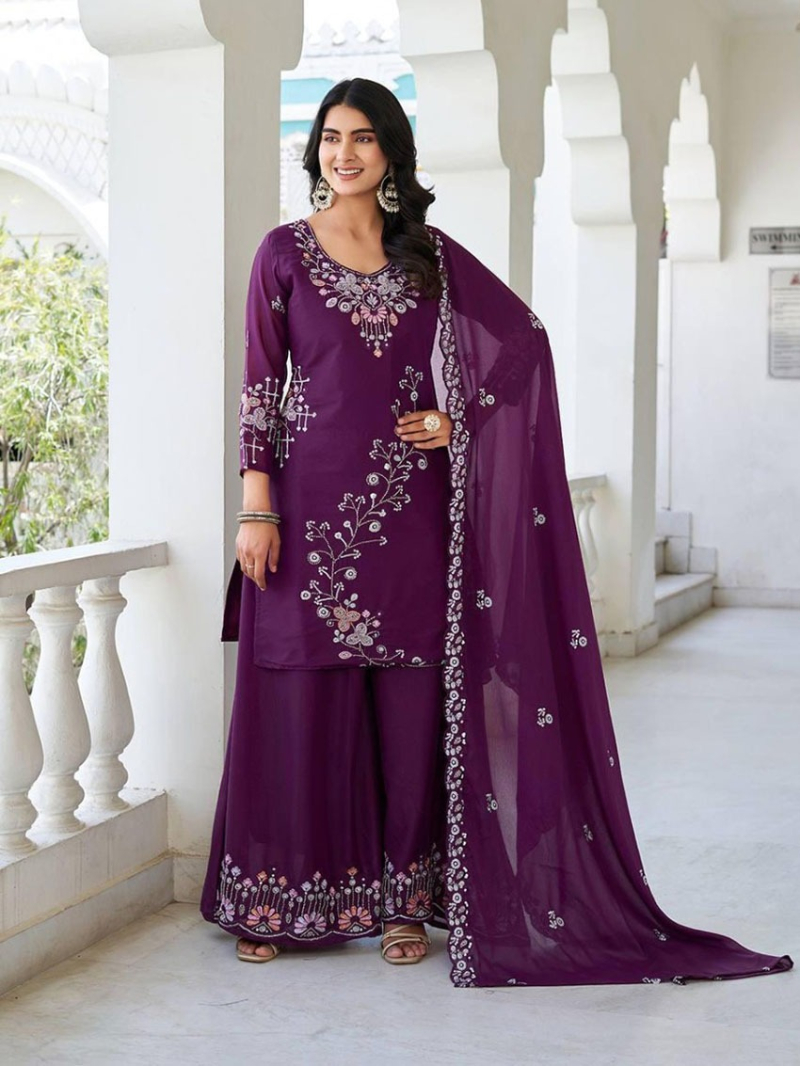 Ethnic Festive Traditional Wine Georgette Kurti with Plazo Suit
