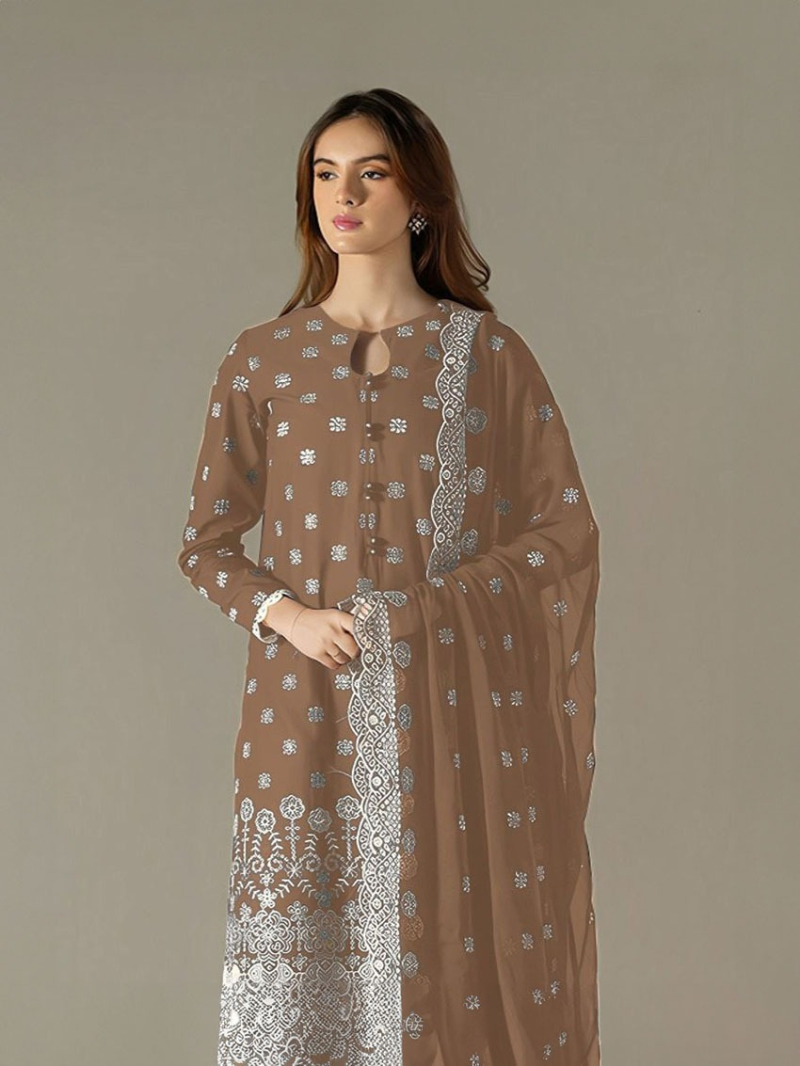 Elegant Ethnic Festive Mocha Brown Georgette Straight Suit