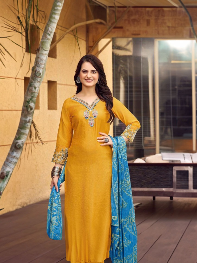 Elegant Ethnic Festive Mustard Yellow Rayon Embroidered Straight Suit