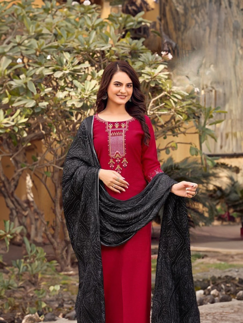 Authentic Festive Maroon Rayon Embroidered Straight Suit