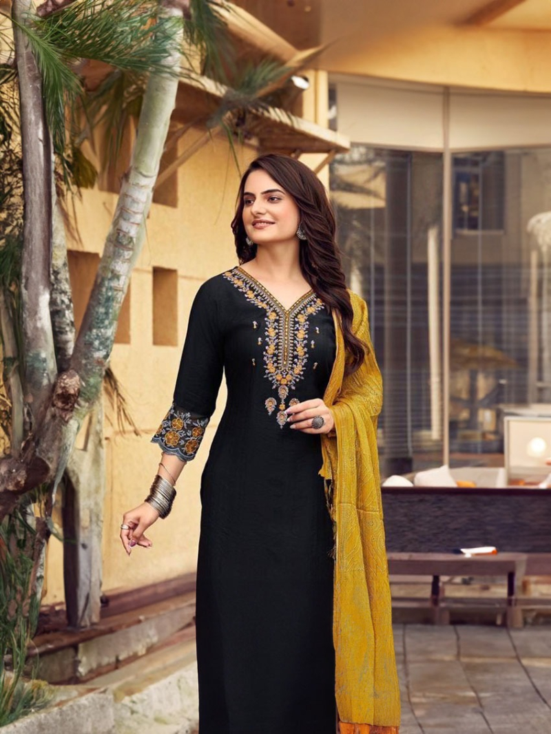 Authentic Festive Traditional Black Rayon Embroidered Straight Suit