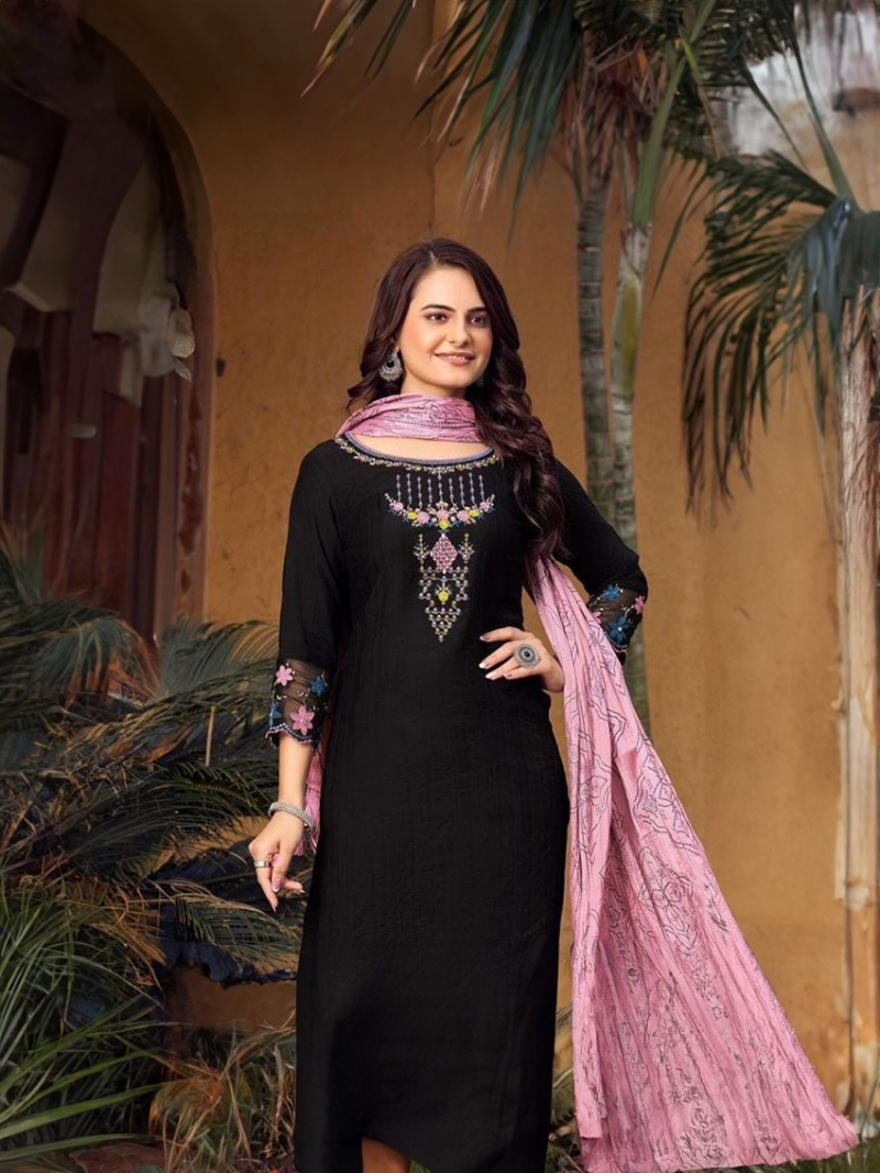 Festive Traditional Ethnic Black & Pink Rayon Embroidered Straight Suit
