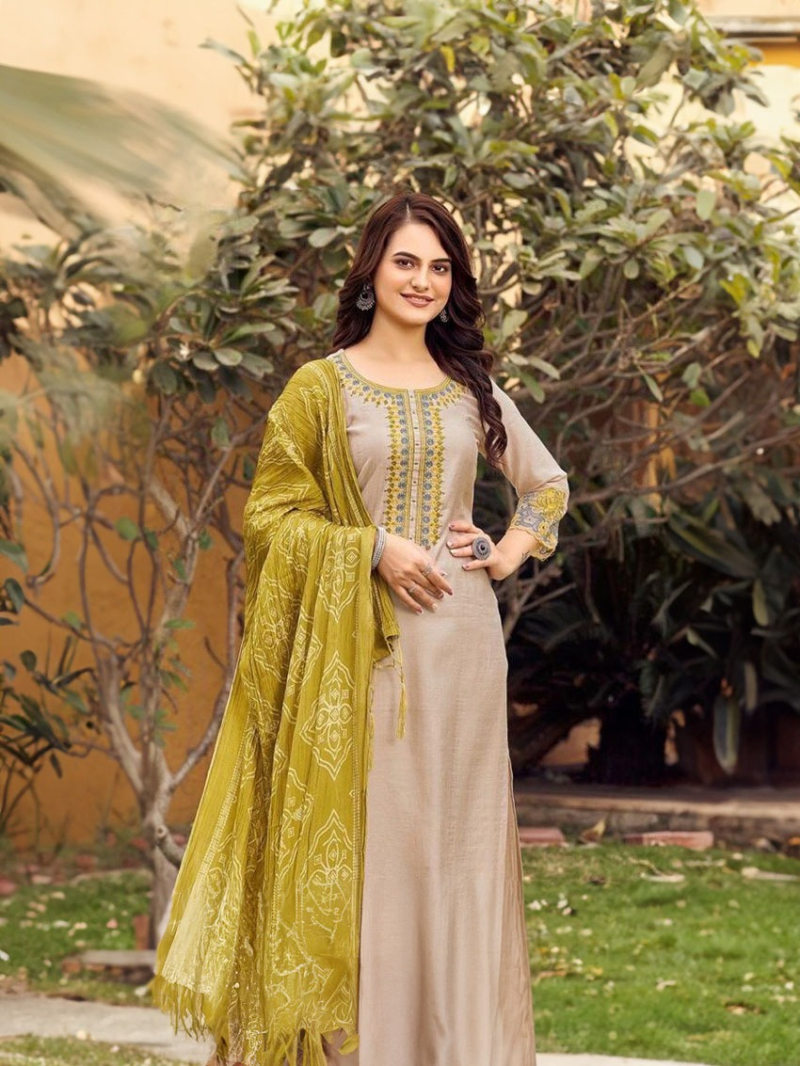 Authentic Elegant Traditional Beige Rayon Embroidered Straight Suit