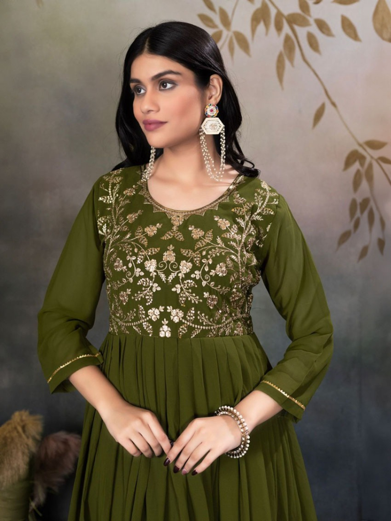 Elegant Ethnic Festive Olive Green Georgette Gown Anarkali Suit