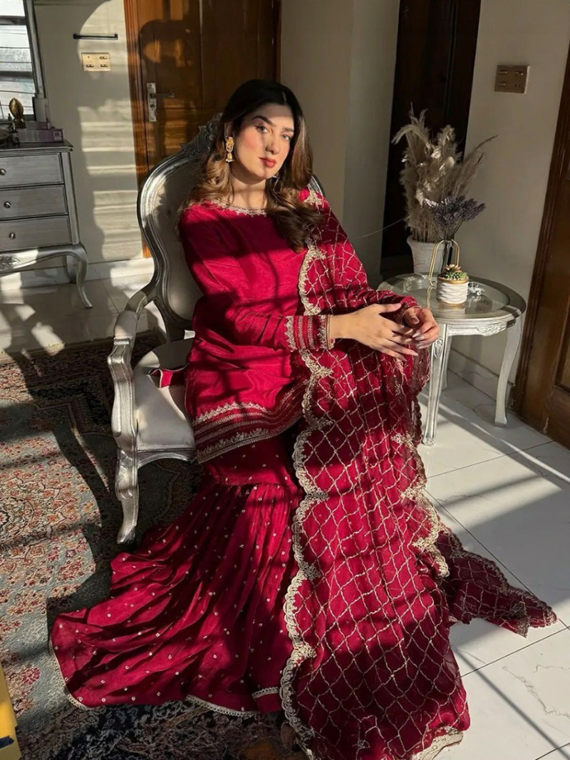 Elegant Festive Ethnic Maroon Georgette Sharara Suit