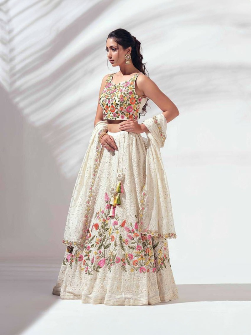 Ivory Floral Embroidered Faux Georgette Lehanga Choli