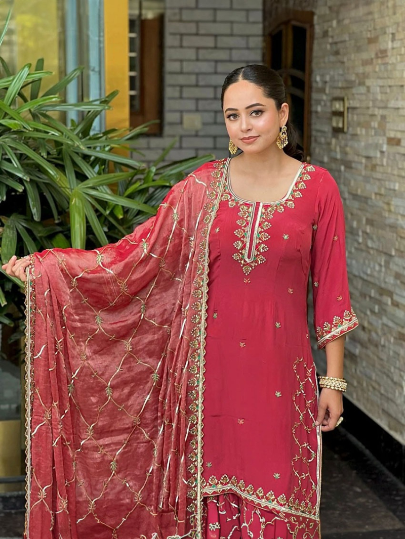 Authentic Elegant Festive Deep Rose Pink Sharara Suit
