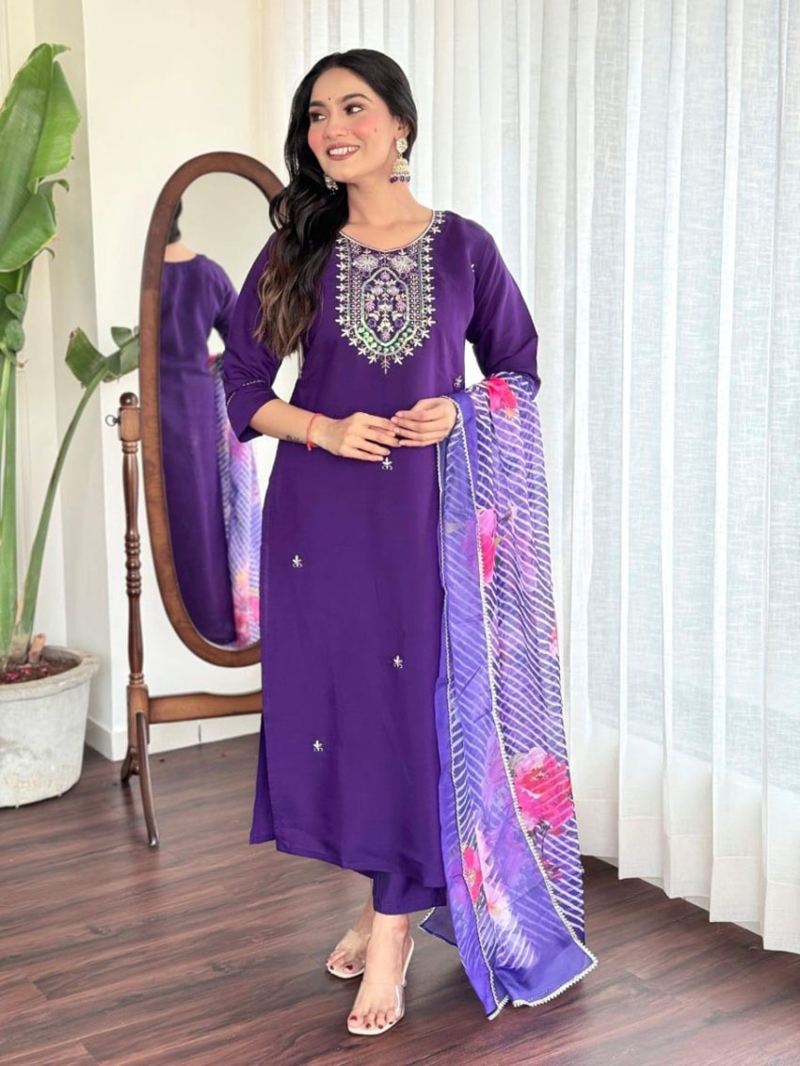 Authentic Elegant Festive Royal Purple Roman Silk Straight Suit