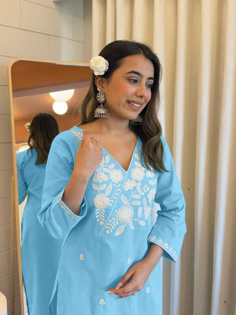 Traditional Ethnic Festive Sky Blue Rayon Straight Suit