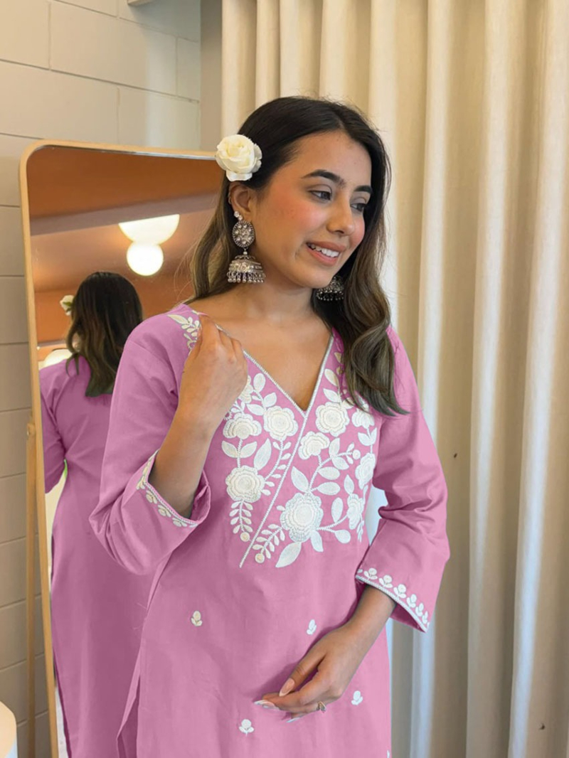 Authentic Elegant Ethnic Pastel Pink Rayon Straight Suit