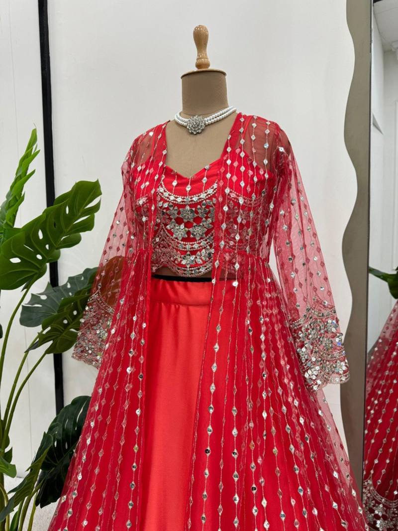 Elegant Ethnic Radiant Red Satin Lehanga Suit