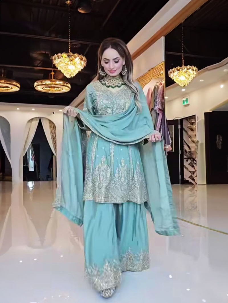 Elegant Ethnic Festive  Sky Blue Chinnon Sharara Plazo Suit