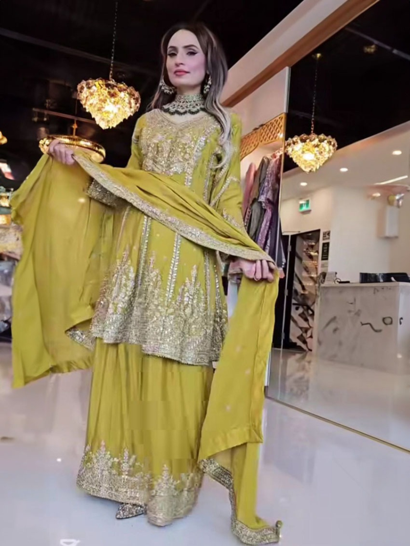 Traditional Elegant Mustard Yellow Chinnon Sharara Plazo Suit