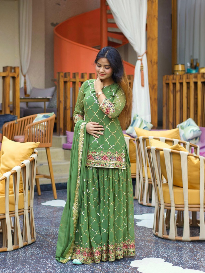 Authentic Elegant  Green Chinnon Silk Embroidered Plazo Suit