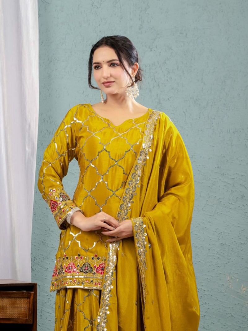 Authentic Traditional Mustard Yellow Chinnon Silk Embroidered Plazo Suit