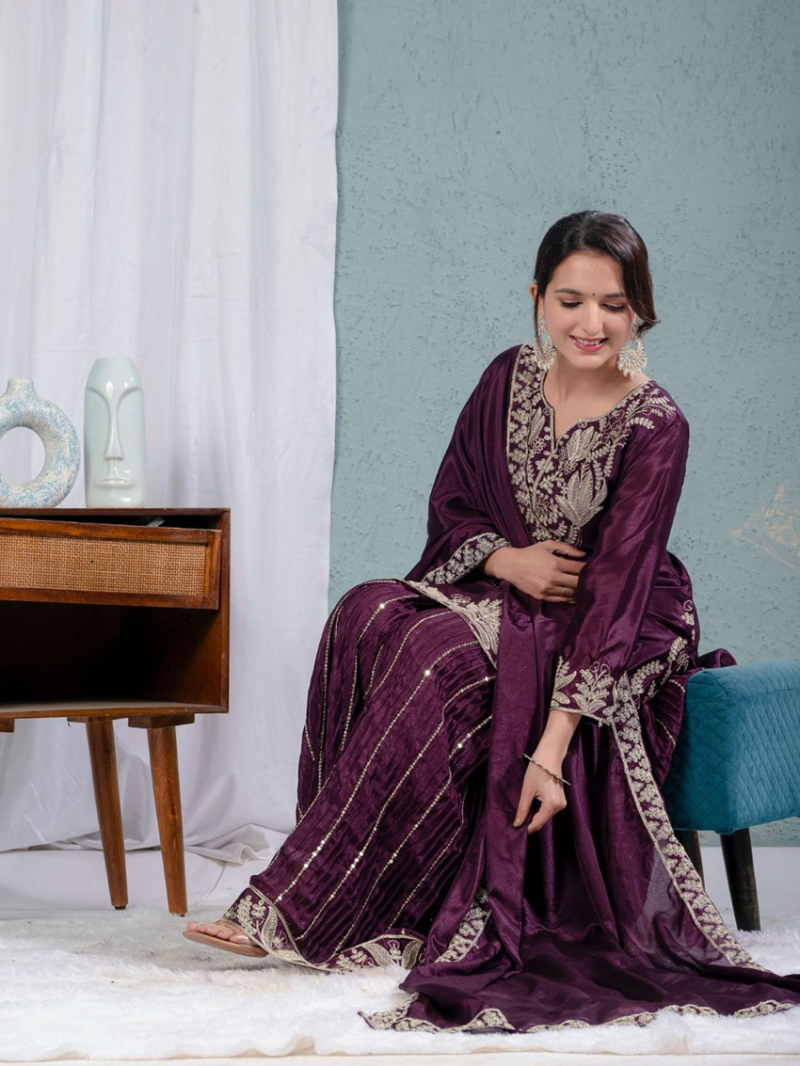 Traditional Festive Elegant Deep Plum Chinnon Silk Embroidered Sharara Suit