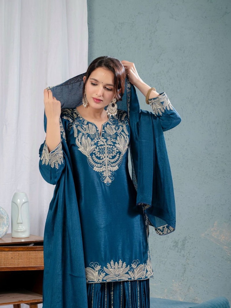 Elegant Traditional Ethnic Teal Blue Chinnon Silk Embroidered Sharara Suit