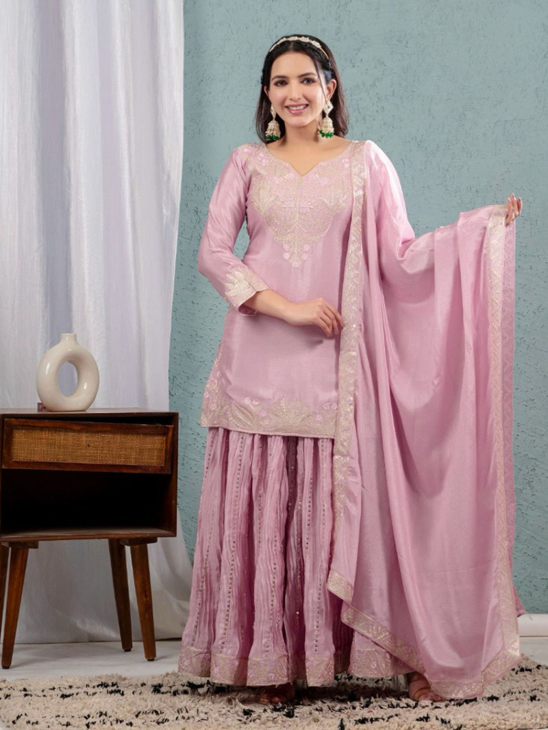 Authentic Elegant Pastel Pink Chinnon Silk Embroidered Sharara Suit