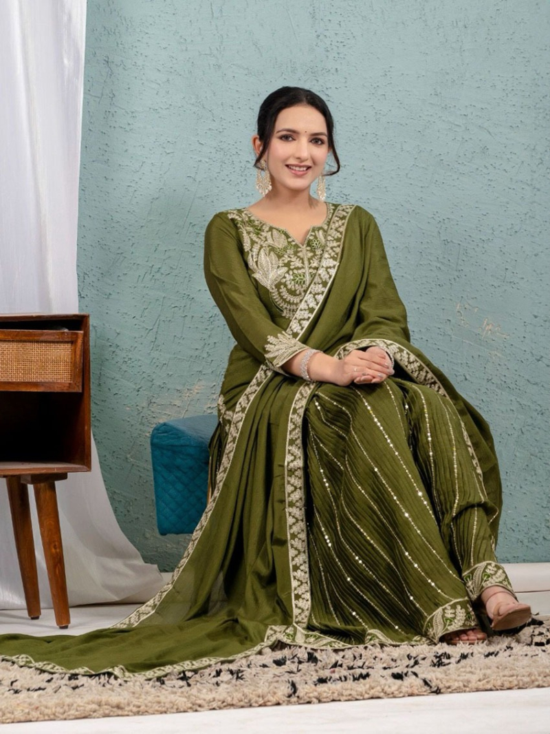 Traditional Festive Olive Green Chinnon Silk Embroidered Sharara Suit