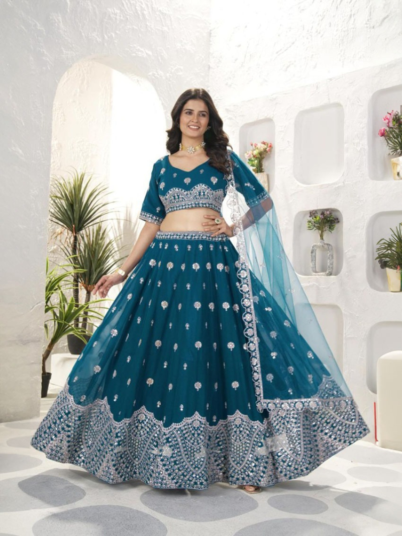 Teal Blue Faux Georgette Embroidered Lehanga Suit