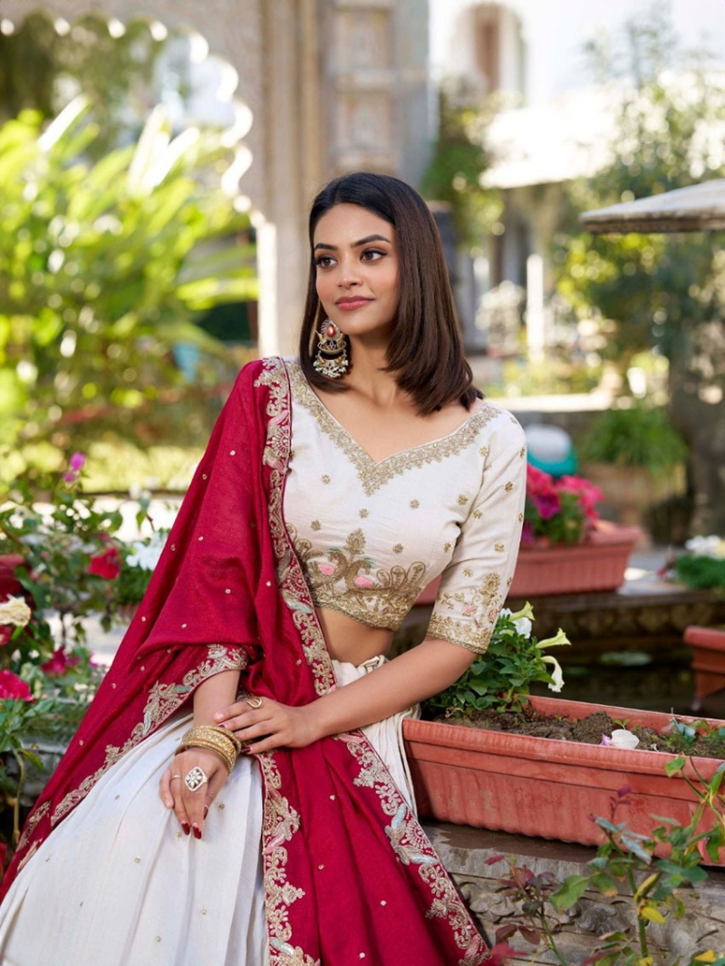 Elegant Ivory and Maroon Vichitra Silk Lehanga