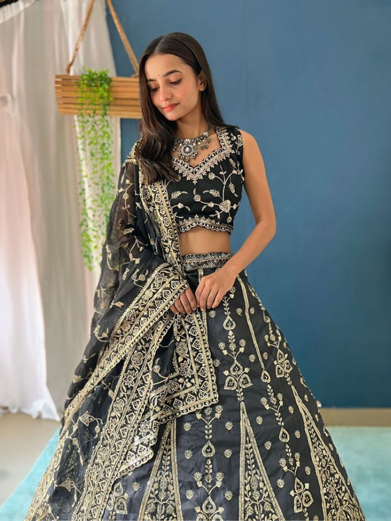 Black Jalpari Silk Lehanga Suit