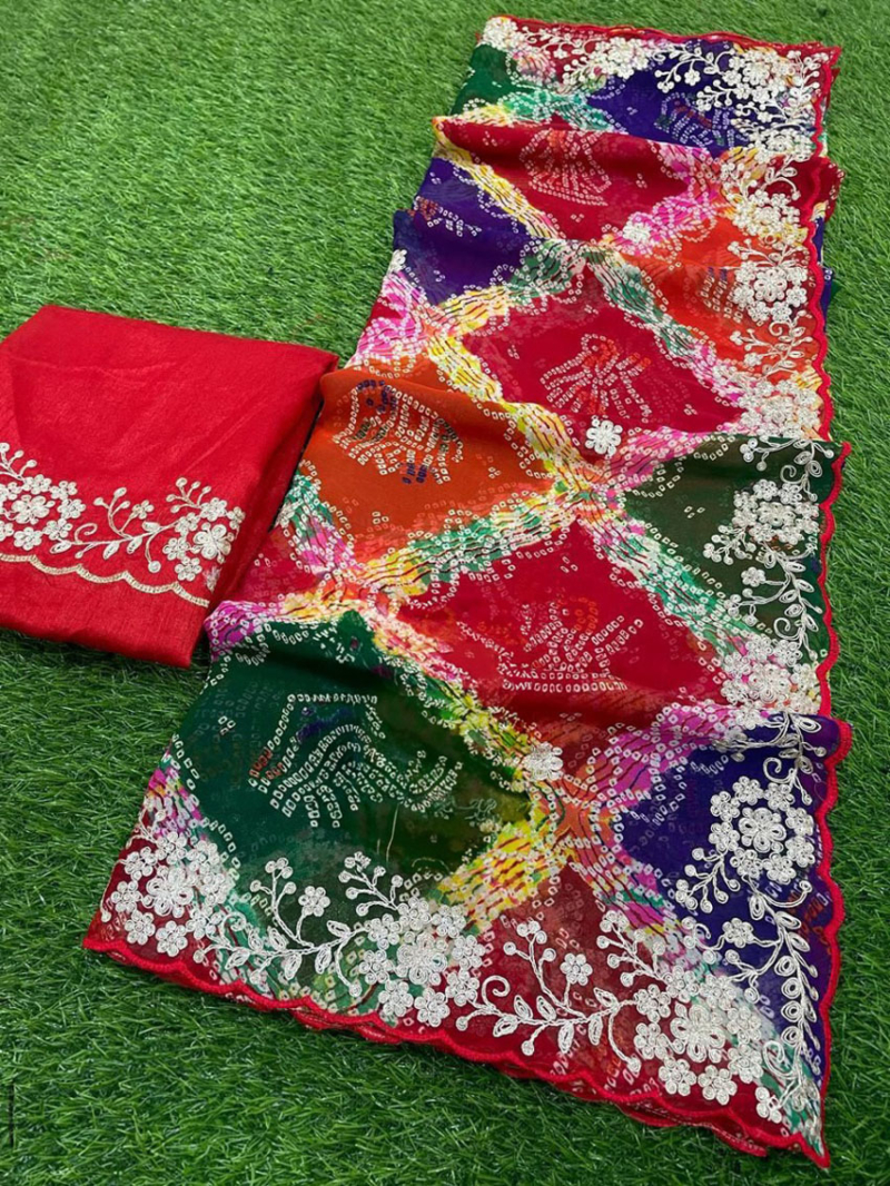  Multicolor Bandhej Georgette Saree