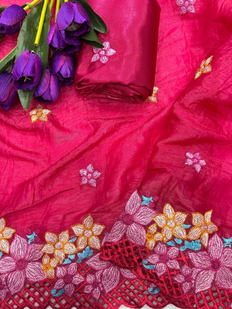 Elegant Gold Crush Embroidered Saree with Malai Satin Blouse